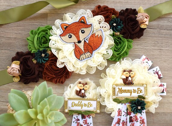 Fox Woodland Baby Shower, Fox Woodland Corsage Pin and Sash Set, Fox Corsage Pin, Woodland Flower Sash, Fox Shower, Woodland Pin, Woodland