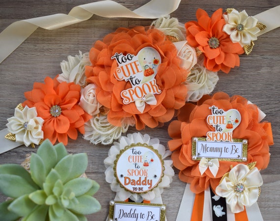 Too Cute to Spook Baby Shower, Ghost Maternity Sash, Neutral Ghost Mommy To Be Ribbon, Daddy To Be Pin, Halloween Baby Shower Gift, Custom