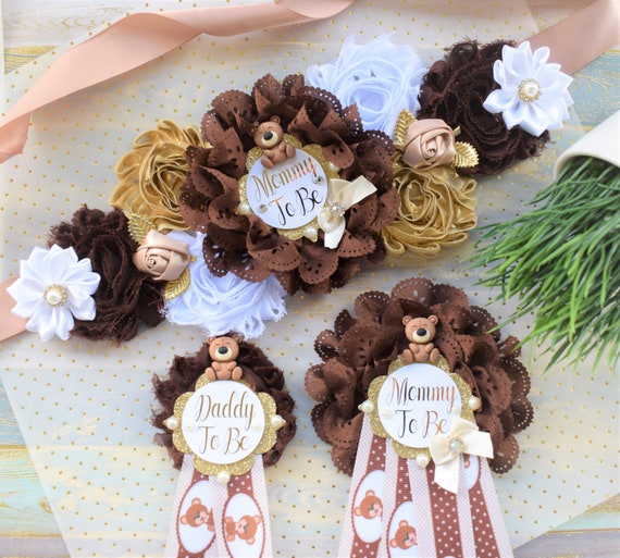 Brown Teddy Bear Baby Shower, Teddy Bear Flower Sash, Ivory Brown Beige White Teddy Bear Corsage Pin, Bear Mommy To Be, Daddy To Be, Custom