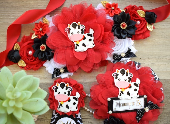 Red Cow Baby Shower, Cow Maternity Sash, Farm Cow Mommy To Be Ribbon, Daddy To Be Ribbon Pin, Red Black White, Baby Shower Gift