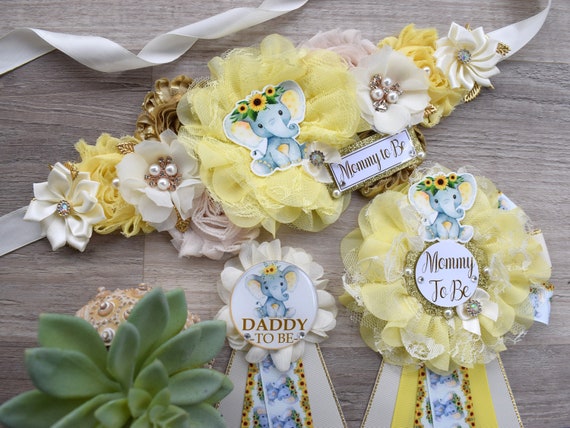 Sunflower Elephant Baby Shower, Yellow Ivory Flower Corsage Pin, Mommy To Be, Daddy To Be, Gender Reveal Sunflower Baby Shower, Sunflower