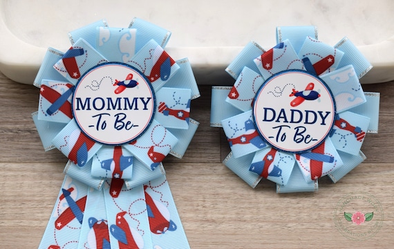 Airplane Baby Shower, Boy Airplane Mommy To Be Ribbon Pin, Up Up and Away Daddy To Be Pin, Fly Airplane Baby Shower