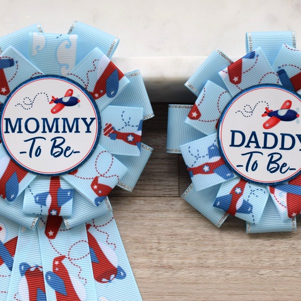 Airplane Baby Shower, Boy Airplane Mommy To Be Ribbon Pin, Up Up and Away Daddy To Be Pin, Fly Airplane Baby Shower