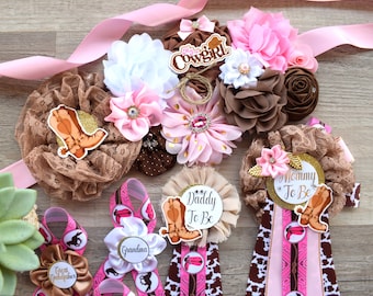 Pink Cowgirl Baby Shower, Pink Cowgirl Maternity Sash, Cowgirl Mommy and Daddy To Be Pin, Pink Brown Flower Sash, Girl Boot Hat Corsage Pin