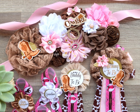 Pink Cowgirl Baby Shower, Pink Cowgirl Maternity Sash, Cowgirl Mommy and Daddy To Be Pin, Pink Brown Flower Sash, Girl Boot Hat Corsage Pin