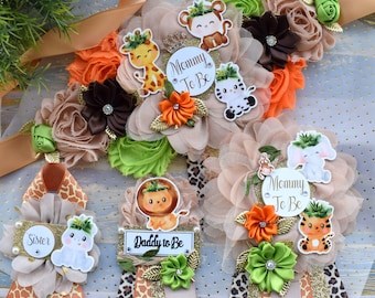 Safari Jungle Baby Shower Sash and Pin Set, Jungle Safari Baby Shower, Safari Flower Sash, Safari Corsage Pin, Safari Shower, Custom Order