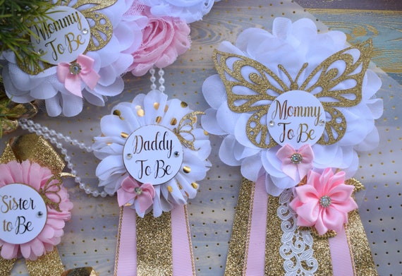 Butterfly Pink White Gold Maternity Sash, Pink Gold Maternity Sash, Pink White Pregnant Sash, Butterfly Pink Mommy, Butterfly Daddy To Be