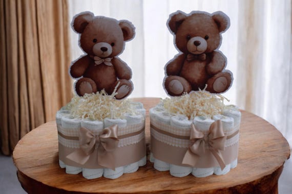 Gender Reveal Teddy Bear Mini Diaper Cake Baby Shower, Centerpieces Decor, New Mom Gifts, Baby Shower Gift II Set of 4 Mini Diaper Cakes