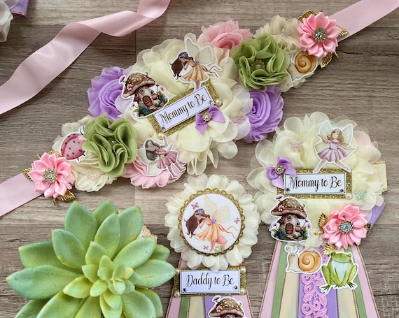 Fairytale Baby Shower, Fairy Pink Maternity Sash, Mommy To Be Ribbon Pin, Daddy To Be Badge Pin, Butterfly, Fairy Garden Mushrooms, Custom
