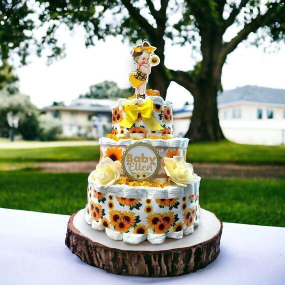 Girl Sunflower Diaper Cake Baby Shower, Sunflower 3 Tier Diaper Cake Centerpieces Decorations, Baby Shower Decor Cake Topper - S0022