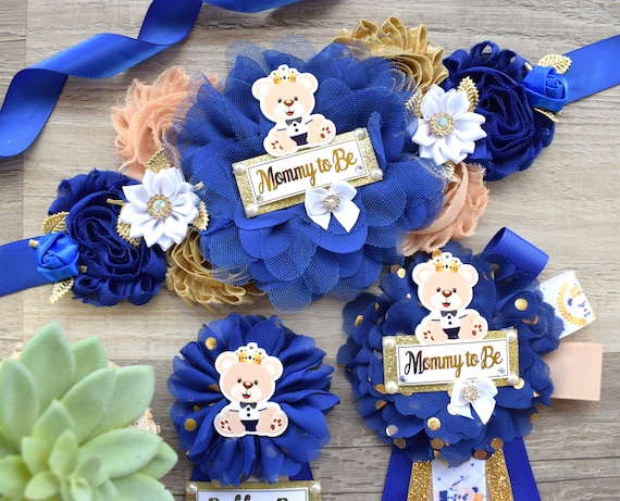Royal Teddy Bear Baby Shower, Teddy Bear Blue Flower Sash, Crown Teddy Bear Pin, Bear Mommy To Be, Bear Daddy To Be, Royal Bear Baby Shower