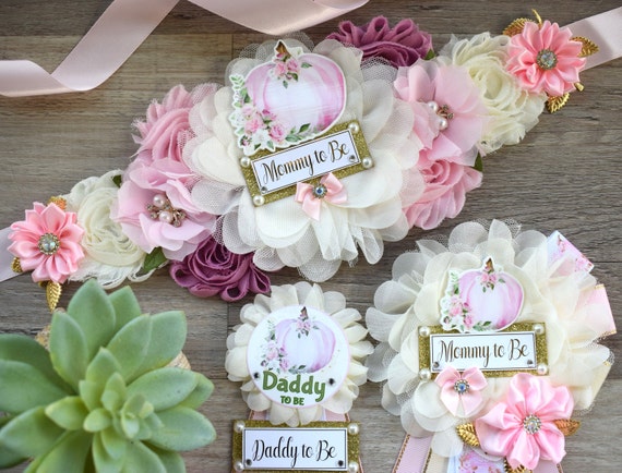 Pink Girl Pumpkin Baby Shower, Pastel Pink Maternity Sash, Pink Mommy To Be Ribbon, Pumpkin Daddy To Be Pin, Pink Baby Shower Present