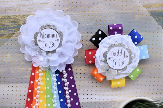 Rainbow Corsage Pin, Rainbow Maternity Sash, Rainbow Flower Sash, Multicolored Flower, Rainbow Baby Shower, Rainbow Daddy and Mommy to Be