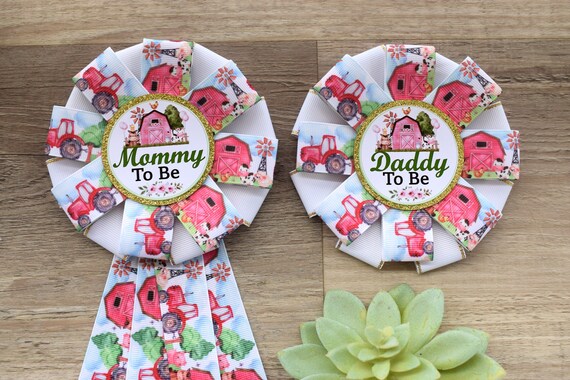 Farm Barn Animal Baby Shower, Cow Sheep Horse Mommy To Be Ribbon Pin, Daddy To Be Ribbon Pin