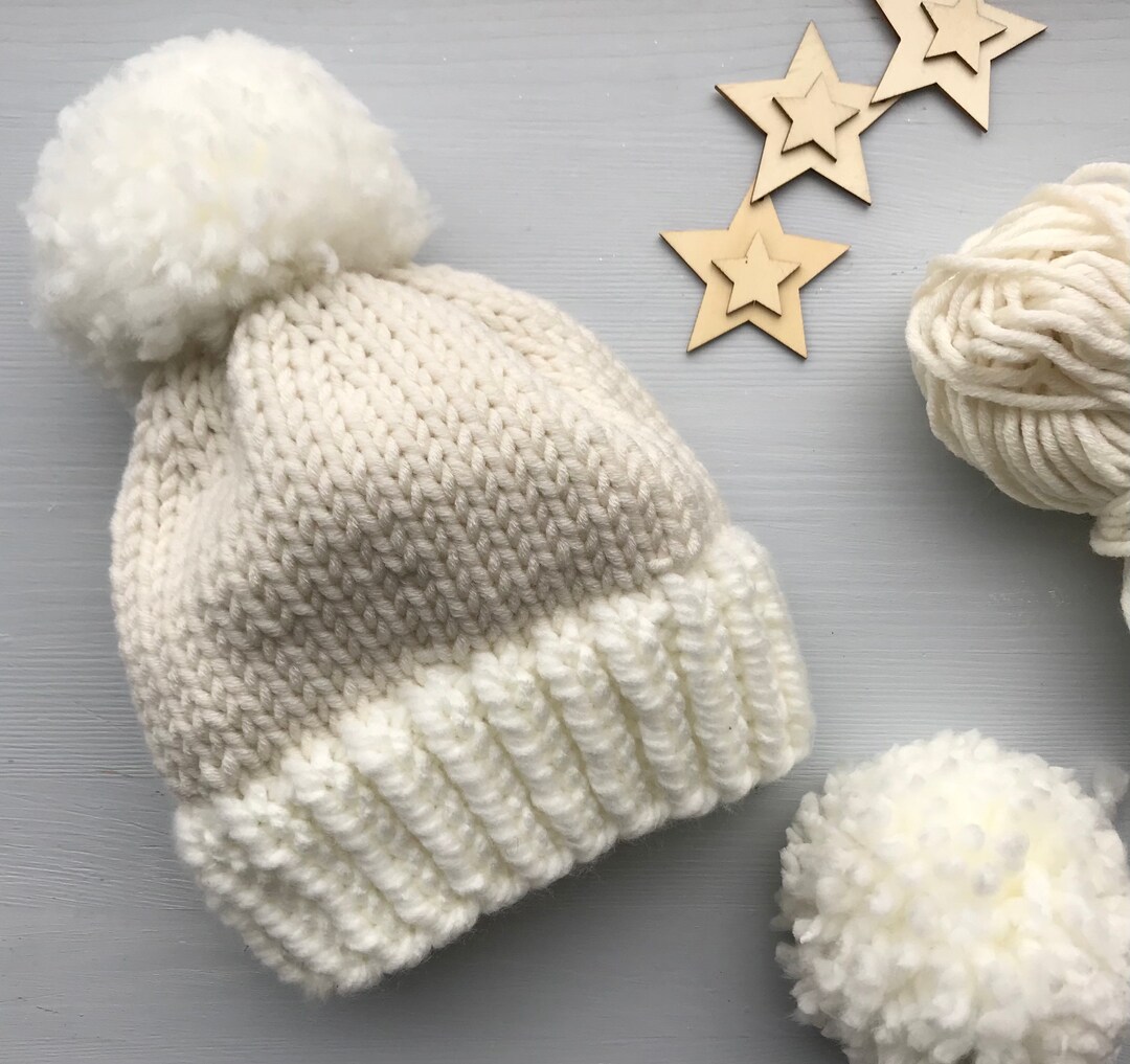 CREAM BOBBLE HAT Chunky Knit Beanie Bobble Winter Hat Hand Etsy UK