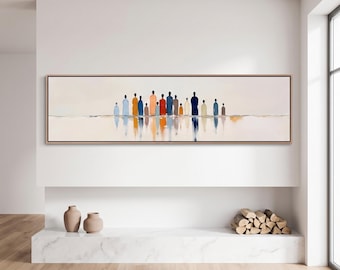 Extra Large Panoramic Painting, Heavy Impasto Abstract People Art, Minimalist Colorful Figures Decor, Palette Knife Wall Art