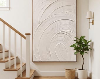 Large Textured Abstract White Painting, Heavy Impasto Minimalist Art, Modern 3D Swirl Canvas Decor, Palette Knife Wall Art