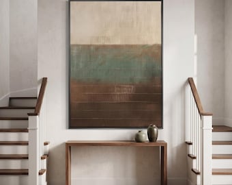 Cuadro abstracto de gran tamaño con textura, arte en tonos beige, verde y marrón con empaste denso, decoración minimalista en lienzo con paisaje 3D, arte de pared con espátula.