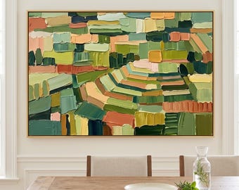 Kunstwerk met dikke impasto-techniek in groene en aardetinten, minimalistische 3D-landschapsdecoratie op canvas, wanddecoratie met paletmes.