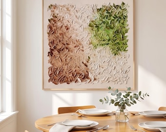 Large Textured Abstract Painting, Heavy Impasto Brown and Green Leaves Art, Minimalist 3D Canvas Decor, Palette Knife Wall Art