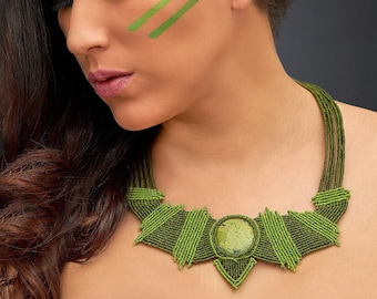 Gemstone statement macrame necklace for burning man. Tribal chakra birthstone jewelry. Green energy necklace made of serpentine power stone.