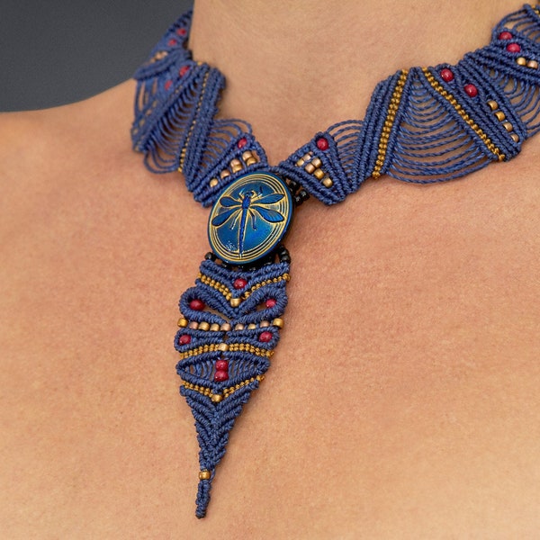 Blue beaded fairy dragonfly necklace. Charm macrame jewelry with glass cabochon. Magic insect choker. Gift for her.