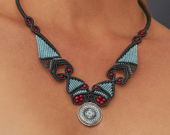 Handmade blue Indian micro macrame necklace with medallion. Boho hindu jewelry with mandala coin charm. Spiritual gifts.