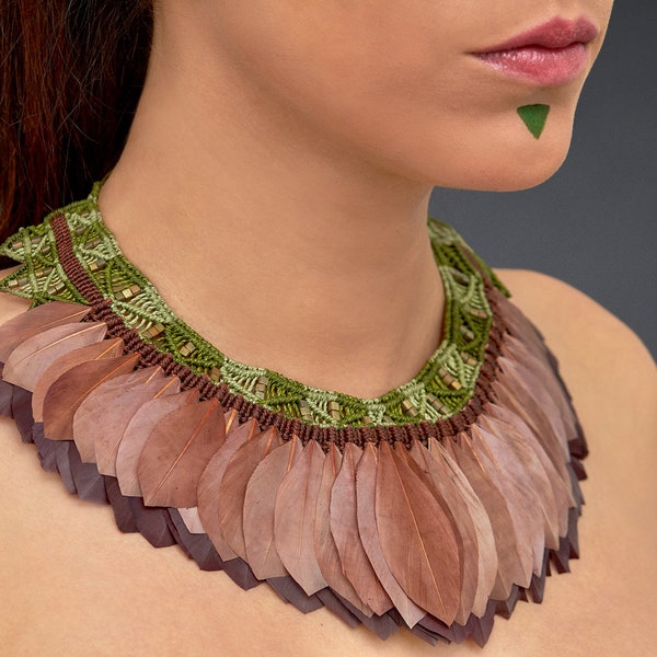 Tribal Native American feather handmade necklace for Burning Man. Boho macrame jewelry for goddess. Navajo green necklace. Gift for her.