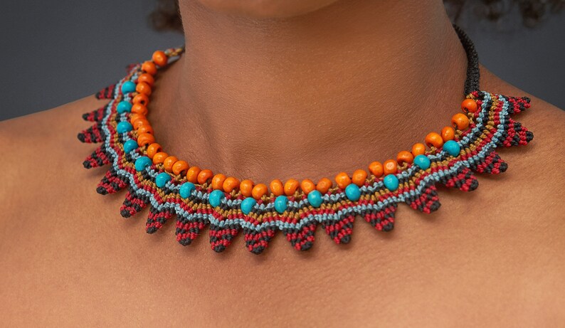 Rainbow beaded macrame necklace. Multicolor Hindu boho jewelry. Funny colorful surfer beach choker. Gift women. image 2
