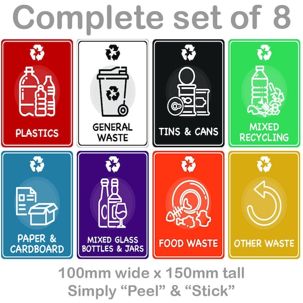 Mixed Set of Recycling Bin Sign Sticker Labels - Full set of 8 self adhesive