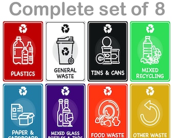Gemengde set recycling bin teken sticker labels - volledige set van 8 zelfklevende