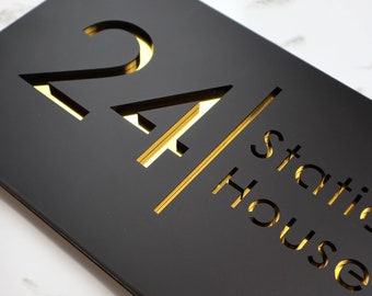 K Smart Sign | Bellissima H2 | Laser Cut Matt Black & Gold Mirror Floating House Sign Door Numbers Plaque | 300mm x 160mm…