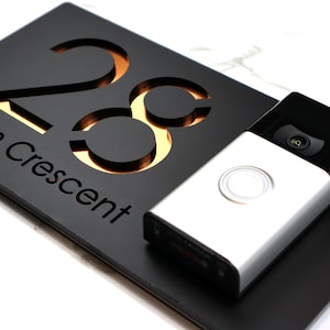 K Smart Sign | Bellissima DB | Ring Nest Video wifi bell mounting plate Laser Cut Matt Black & Copper Mirror Floating House Plaque