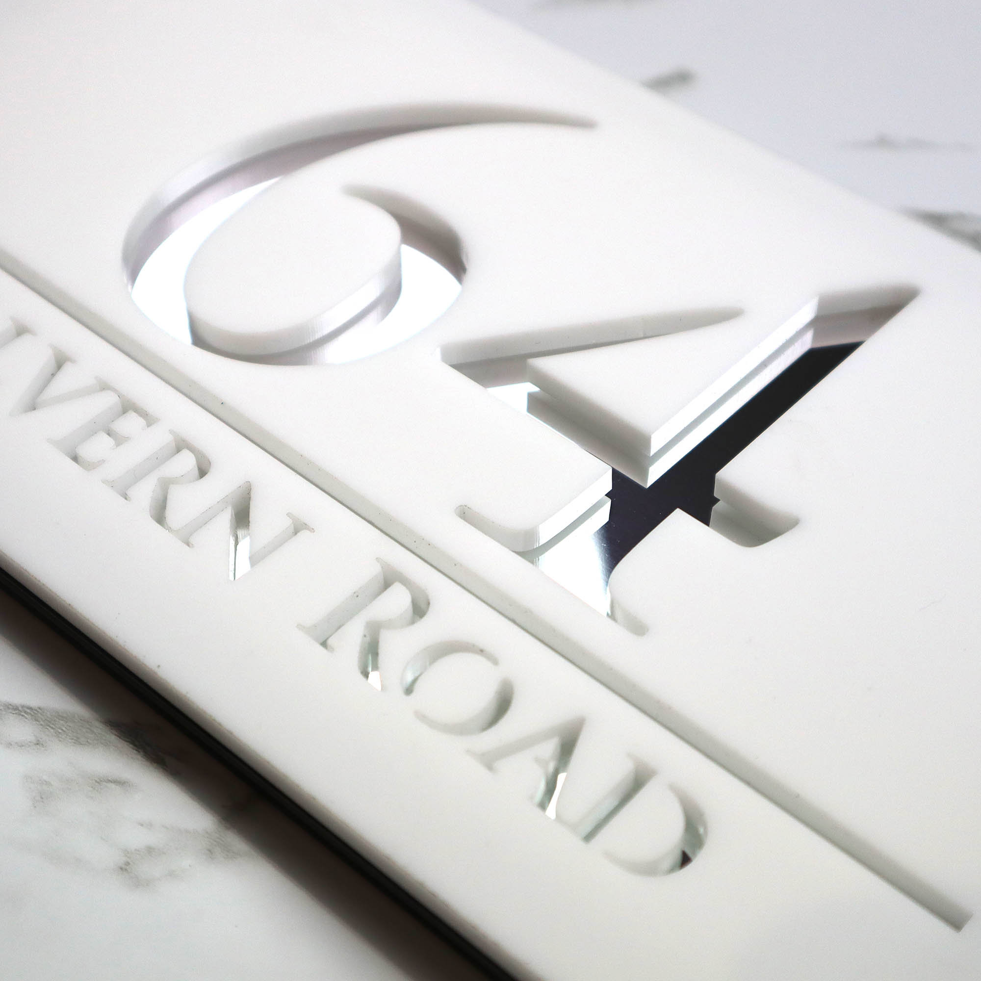 K Smart Sign | Bellissima H3 | Laser Cut Matt White & Silver Mirror Floating House Signs Door Address Laser Numbers Plaque | 300mm x 160mm…
