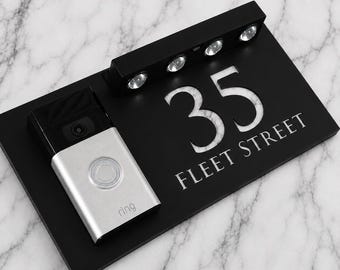 Solar LED House Number Sign Matt Black Video Doorbell Plaque 300mm x 160mm