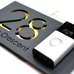 K Smart Sign | Bellissima DB | Ring Nest Video wifi doorbell Mount plate Laser 3D Matt Dark Gray & Copper Mirror Door Number House Plaques