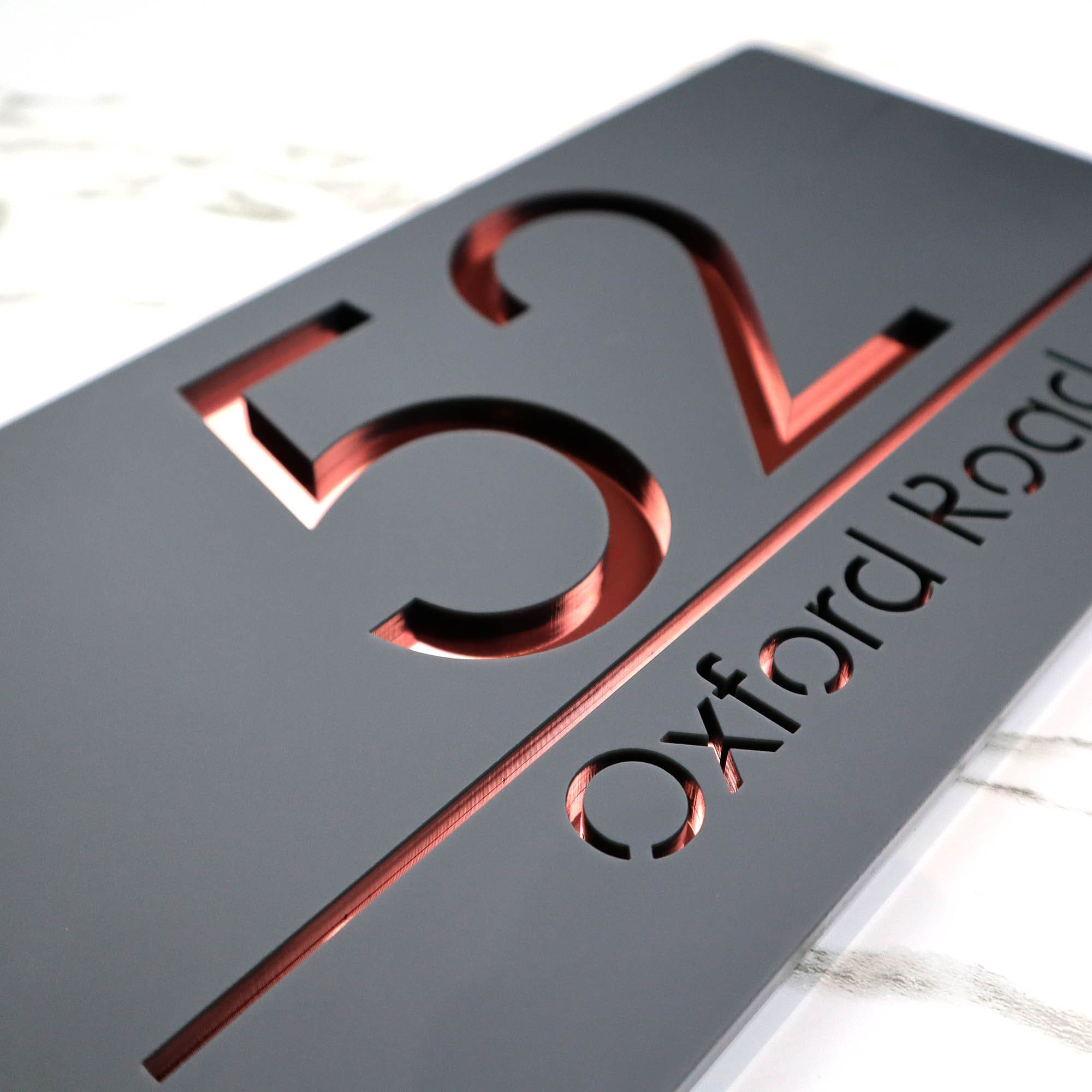K Smart Sign | Bellissima H3 | Laser Cut Matt Dark Gray Anthracite & Rose Gold Mirror Personalised Porch House Sign Plaque | 300mm x 160mm…