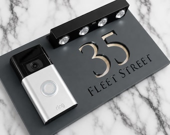 Solar LED House Number Sign Matt Grey Anthracite Doorbell Ring Personalised Modern Address Plaque, Illuminated Door Wall Signs 300mm x 160mm
