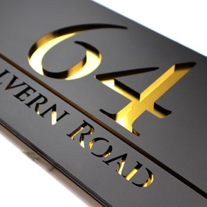 K Smart Sign | Bellissima H3 | Laser Cut Matt Black & Gold Mirror Floating House Sign Door Address Laser Number Plaques | 300mm x 160mm…