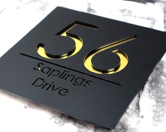 K Smart Sign / Bellissima S1 F31 / Placas de dirección para puerta con espejo en negro mate y dorado cortadas a láser, personalizadas, 18 cm x 18 cm