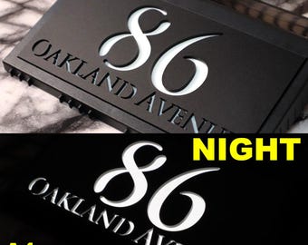 Letrero de casa con luz solar recargable, placa de número de puerta iluminada, negro mate y gris mate, letrero personalizado con números de pared, 280 mm x 180 mm, A4