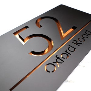 K Smart Sign | Laser Cut Matt Black & Copper Mirror Personalised Door Numbers House Sign Plaques Personalised Laser 3d Number | 30cm x 16cm