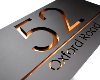 K Smart Sign | Laser Cut Matt Black & Copper Mirror Personalised Door Numbers House Sign Plaques Personalised Laser 3d Number | 30cm x 16cm