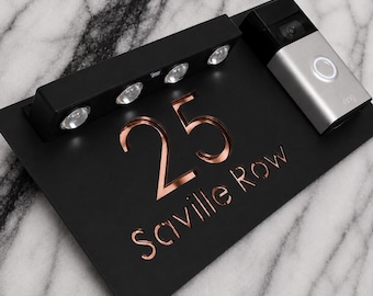 Modern Matte Black Solar LED House Personalised Plaque Number Sign for Video Doorbell (300mm x 160mm)