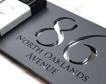 K Smart Sign | Bellissima DB | Ring Nest Video doorbell Laser Cut Matt Dark Gray Anthracite & Silver Mirror Floating House Sign