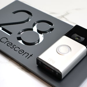 K Smart Sign | Bellissima DB | Ring Nest Video bell Mounting Laser Cut Matt Dark Gray Anthracite & Silver Mirror Floating House Plaques