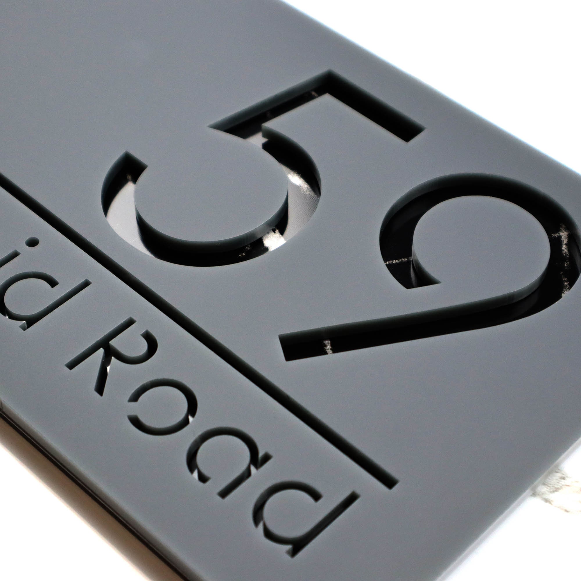 K Smart Sign | Bellissima H1 | Laser Cut Matt Dark Gray (Grey) & Gold Mirror Floating House Sign Plaques Address Door Number | 300mm X 160mm - View #4