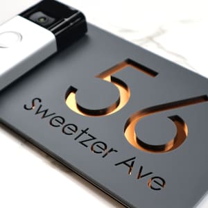 K Smart Sign | Bellissima DB | Ring Nest Video door-bell Laser Cut Matt Dark Gray RAL7016 Anthracite & Copper Mirror Floating House Signs