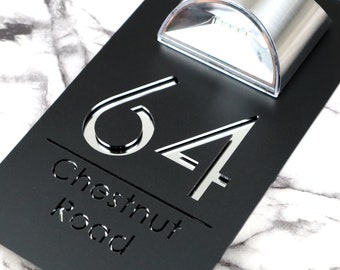 Impresionante placa de casa con espejo negro, luz solar, láser acrílico, mármol, número de propiedad, puerta, números iluminados LED (Bellissima F31)