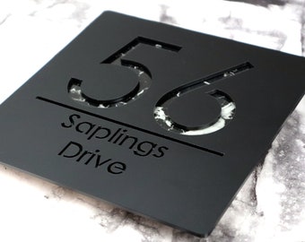 K Smart Sign / Bellissima S1 F31 / Placas de dirección para puerta, números de puerta y pared, cortadas a láser, en negro mate y mármol negro, personalizadas, 18 cm x 18 cm